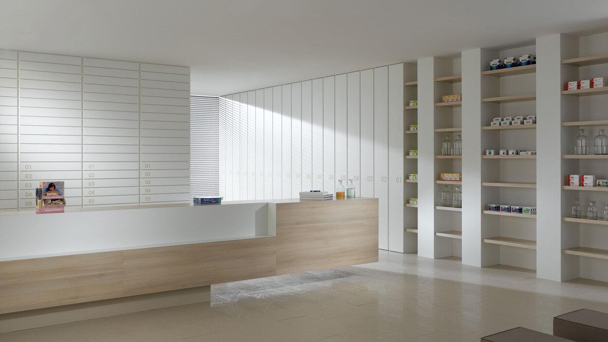 Impressionen einer Apothekeneinrichtung Impressionen einer Apothekeneinrichtung mit hellen Holzmöbeln und geräumigem Regalsystem, sowie aufgeräumten Empfang.