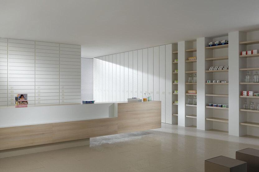 Impressionen einer Apothekeneinrichtung Impressionen einer Apothekeneinrichtung mit hellen Holzmöbeln und geräumigem Regalsystem, sowie aufgeräumten Empfang.