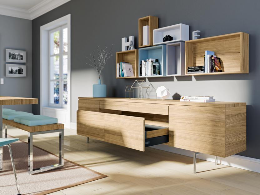 Esszimmerimpression in Holz-Türkis-Kombination Esszimmerimpression in Holz-Türkis-Kombination, Sideboard und Sitzbank mit akzentuierter grauer Wandgestaltung