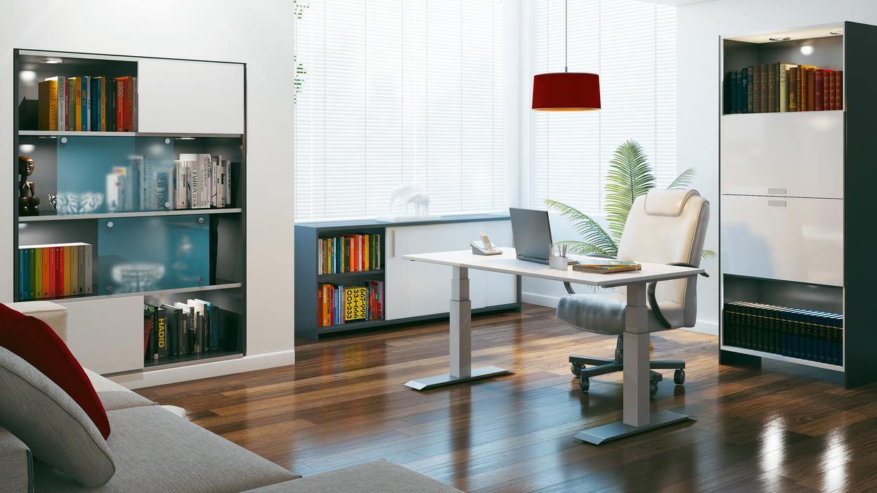 Büroraumimpression mit weißen Möbeln und Einbauschränken und Sideboard