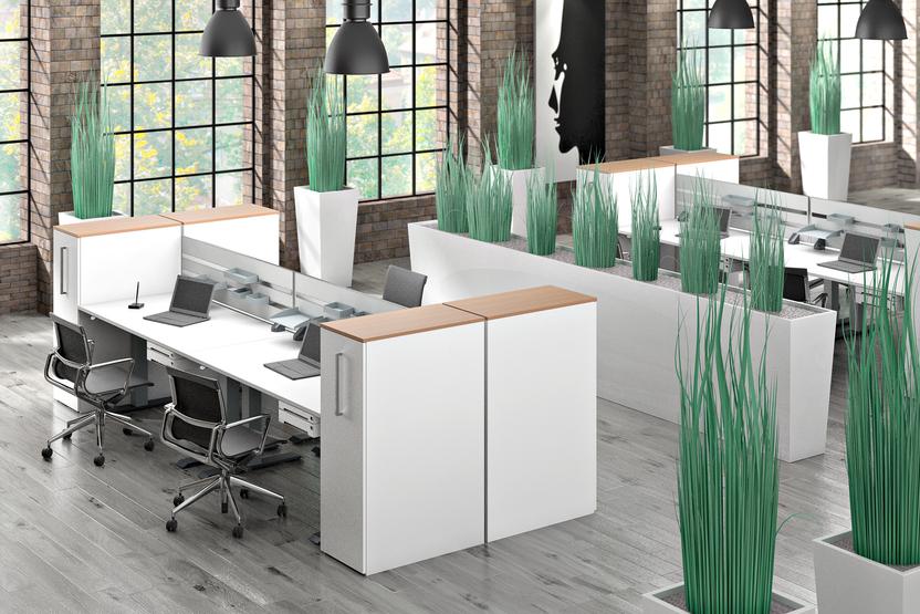 Großraumbürogestaltung Gestaltung eines Großraumbüros mit weiß lackierten Doppelschreibtischen und niedrigen Raumtrennern bepflanzt, Industrieräume